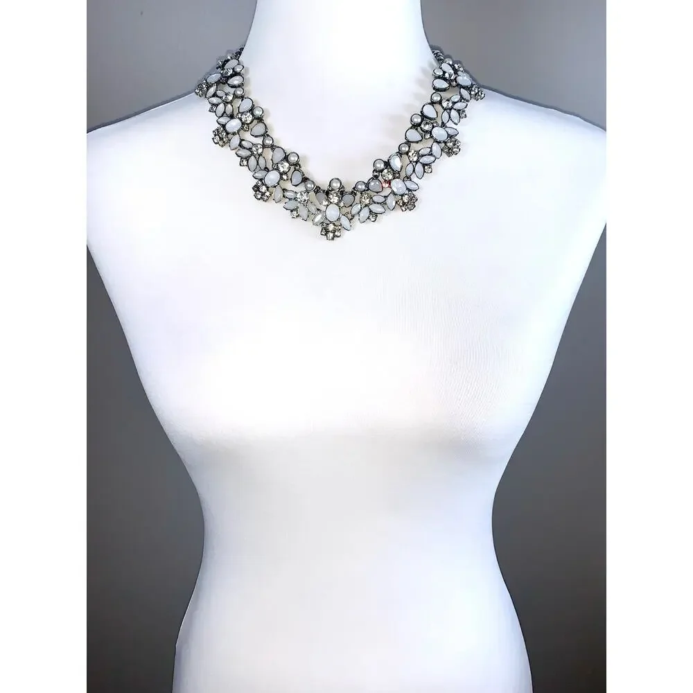 Ann Taylor LOFT Silver White Gray Crystal Cluster Statement Necklace